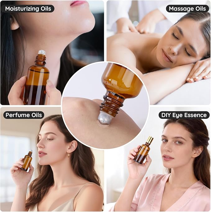 Segbeauty 1.7oz Thick Glass Amber Roller Bottles for Essential Oils, 5pcs Travel Roll On Perfume Bottles, 50ml Refillable Roller Ball Applicator for Eye Essence, Empty Rollerball Bottle for Castor Oil