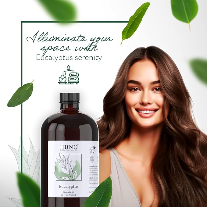 HBNO Eucalyptus Oil - 32 oz (950ml) Large Size - Ideal for Shampoos, Conditioners, Mouth Washes, Face wash, Lotions, and Skin Care Products.