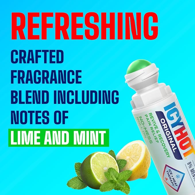 Icy Hot Original Pain Relief Revive & Recovery No-Mess Roll-On Applicator, Fast-Acting Pain Relief with 8% Menthol for Backaches, Joints, Muscle Strains and Arthritis, Refreshing Lime & Mint, 2 oz