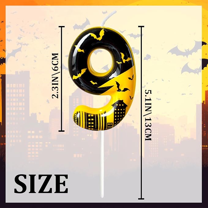Black Yellow Number 9 Birthday Candle for Cake – Dark Night Hero Style with Bat & City Silhouette Design – Unique Cake Topper for Birthday, Anniversary, Themed Party Decoration