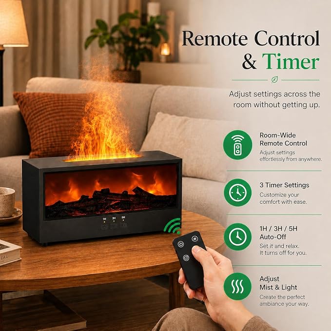 Fireplace Air Diffuser, Essential Oil Diffuser with 7-Color Flame Light, Ultrasonic Aroma Diffuser & Air Humidifier for Bedroom, Flame Diffuser with Remote Control Timer for Home Office Yoga(Black)