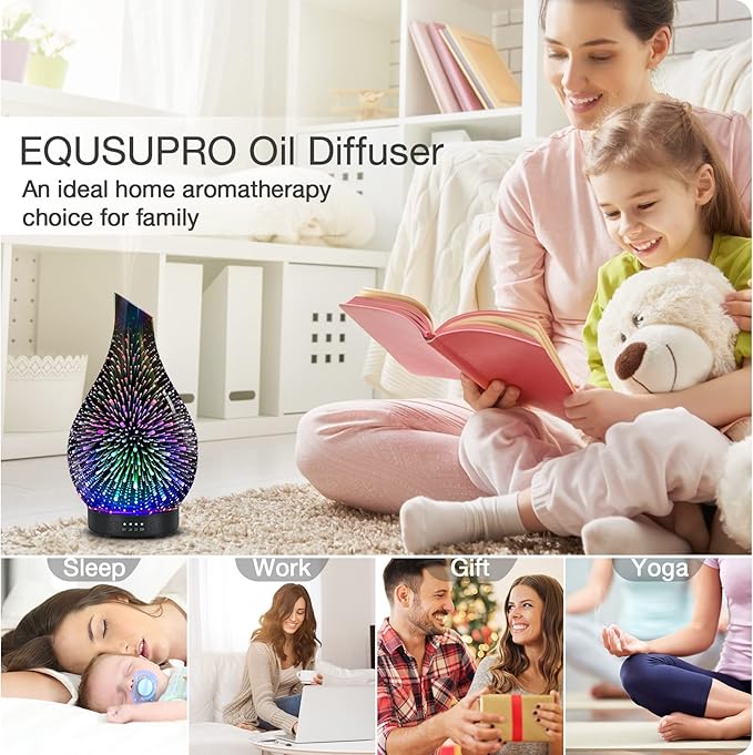 Aromatherapy Essential Oil Diffuser for Home- Art Glass Diffuser for Essential Oils with Waterless Auto Shut-Off 4 Timer 7 Colors LED Night Light for Home Office Decor Gifts for Women