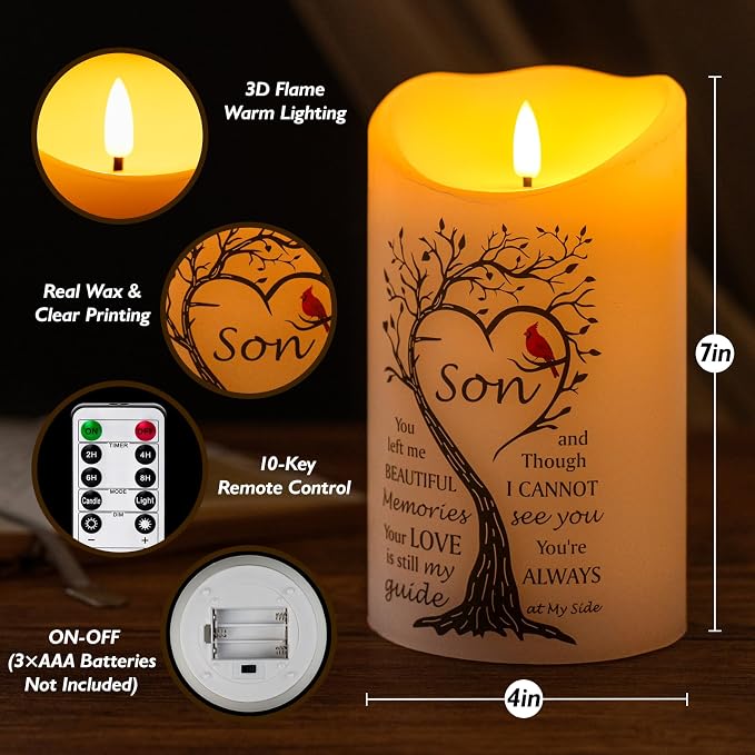 Flameless Memorial Candle for Loss of Son, Real Wax LED Light with Remote Sympathy Bereavement Gifts for Loss of Loved One Memorial Gifts for Loss of Son Remembrance Gifts (4" x 7")