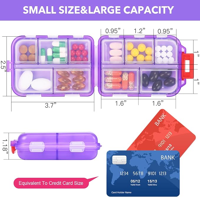 Travel Pill Organizer with 189 Labels, 10 Compartments Pill Travel Case Travel Medicine Organizer Purse Essentials Travel Daily Pill Container Mini Pill Case(Purple, 1 Pack)