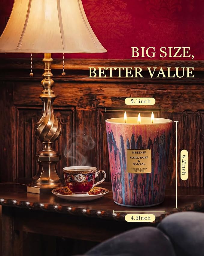 M&SENSE 3-Wick Dark Rose Large Soy Scented Candle, 35oz | 150H Burn Time, Non-Toxic, Luxury Summer Floral Aroma, Romantic Present for Women
