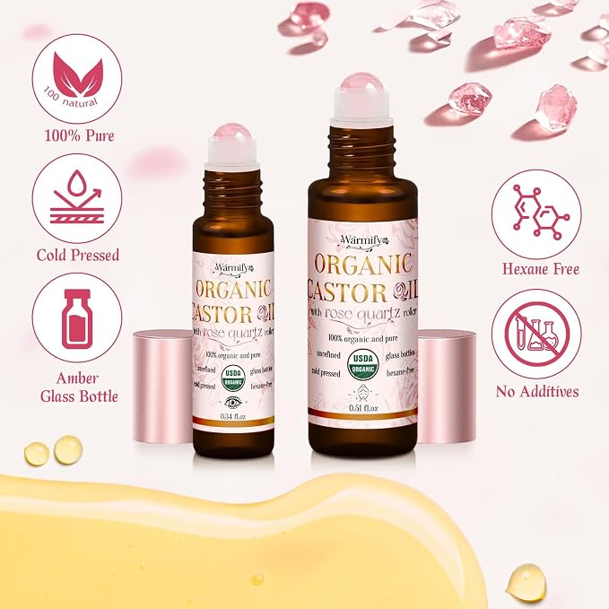 Organic Castor Oil with Real Rose Quartz Roll-On, 2 Pack for Face & Eyes — Lash & Brow Growth, Under Eye Care, Skin Moisturizing, Cold-Pressed, Hexane-Free, Beauty Self-Care Gifts for Women