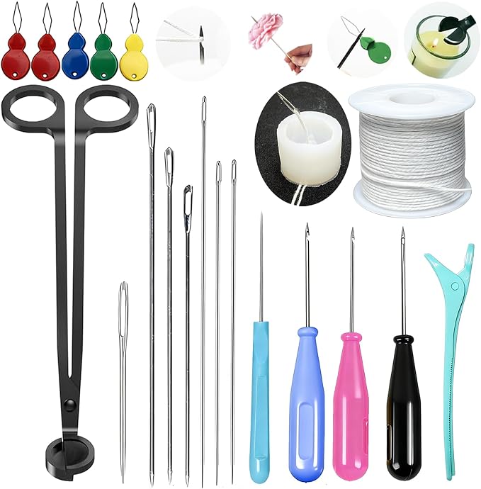TYMKLMZG Candlewick Needle Kit with Candle Wick Trimmer 7",Mold Hook Punch Needle with Hook & Eye for Inserting Wick,Big Hole Long Needle,Candle Wick Roll 200 Ft 24 Wick Spool,Threader,Wick Holders