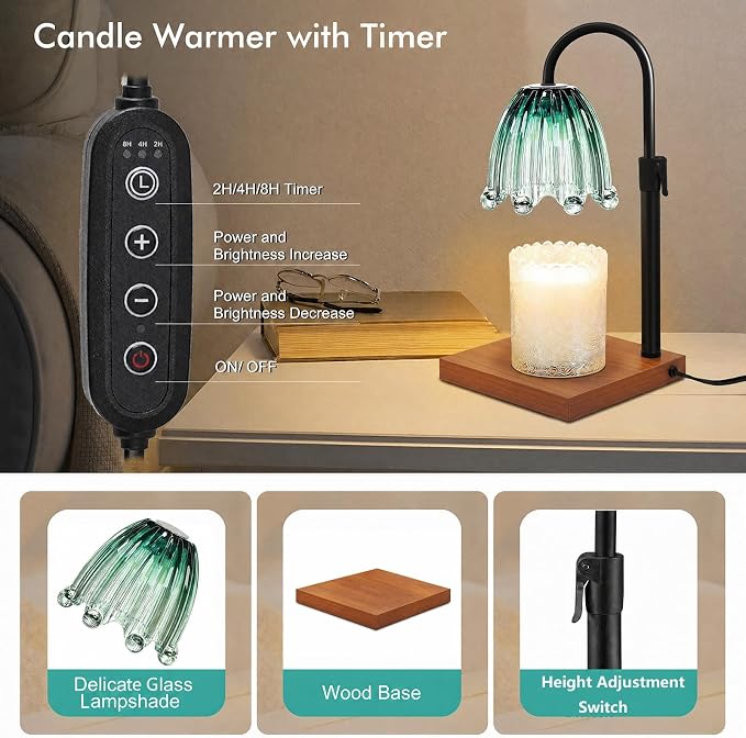 Candle Warmer Lamp with Timer - Electric Wax Melt Warmer with Adjustable Height and Dimmer for Scented Candle Wax, Home Fragrance Décor and House Warming Birthday Gifts for Women Mom (Wood)