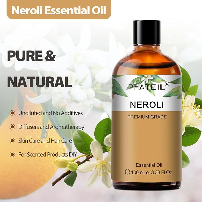 PHATOIL Neroli Essential Oil - Pure Aromatherapy Oil for Natural Skin Care, Home Freshening, DIY Candle & Soap Making 3.38 Fl Oz