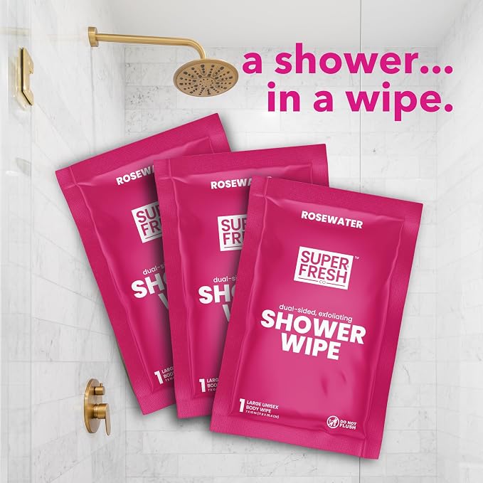Super Fresh Shower Wipes Large Rosewater Body Wipes for No Rinse Bathing Personal Hygiene Gym Travel or Camping Enriched with Aloe and Vitamin E 50 Individually Wrapped Disposable Sheets