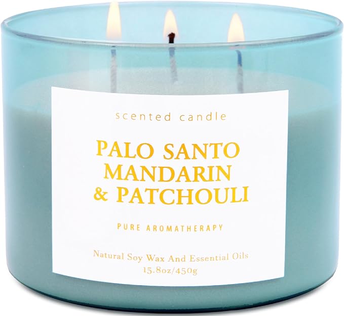 Palo Santo Mandarin Patchouli 3-Wick Soy Candle | 15.8 oz Calming Aromatherapy Candle for Home | Clean Burn Long Lasting | Warm Wood Citrus Scent | Stress Relief Candle Gift for Women & Men