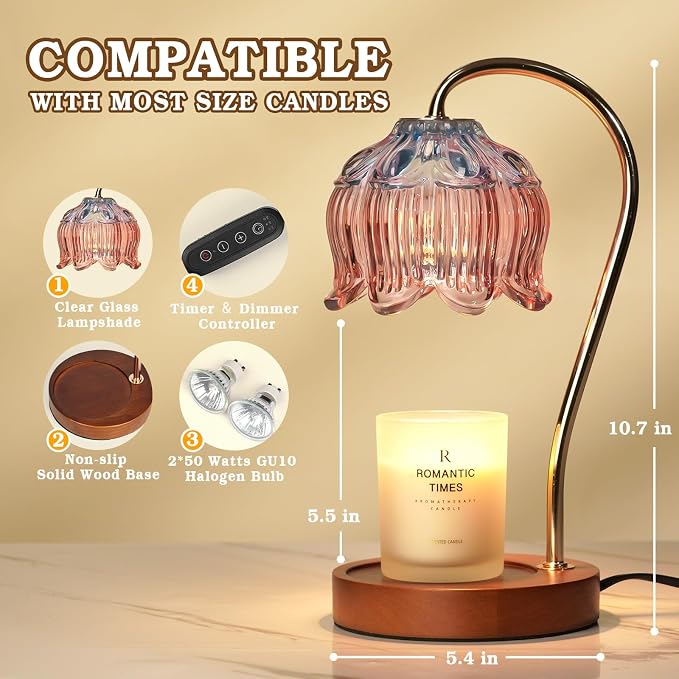 Funistree Flower Candle Warmer Lamp with Timer, Dimmable Candle Lamp Warmer, Christmas Birthday Gifts for Women Mom Her, Housewarming Home Decor, Lotus Wax Warmer for Yankee - Blue&Pink 10 Inch