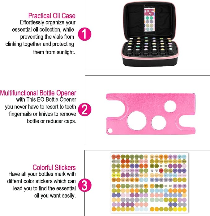 FITNATE Essential Oils Storage Case - 30 Bottle Capacity, Travel-Friendly with Bottle Opener & Young Living Labels (Pink)