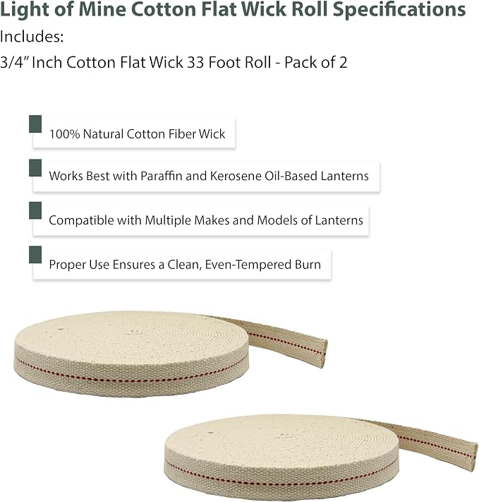 Light of Mine - 3/4" Inch 33' Foot, 100% Cotton Flat Wick - 2 Pack for Paraffin Oil, Kerosene Based Lanterns, and Oil Lamps with Genuine Red Stitch (3/4" - 33' Roll, 2pk)