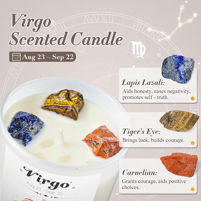 Virgo Gifts for Women, Zodiac Virgo Candle with Healing Crystals,Astrology Birthday Gifts for Women, Mom, Sister, Friends, Meditation, Yoga, Relaxation (7oz)