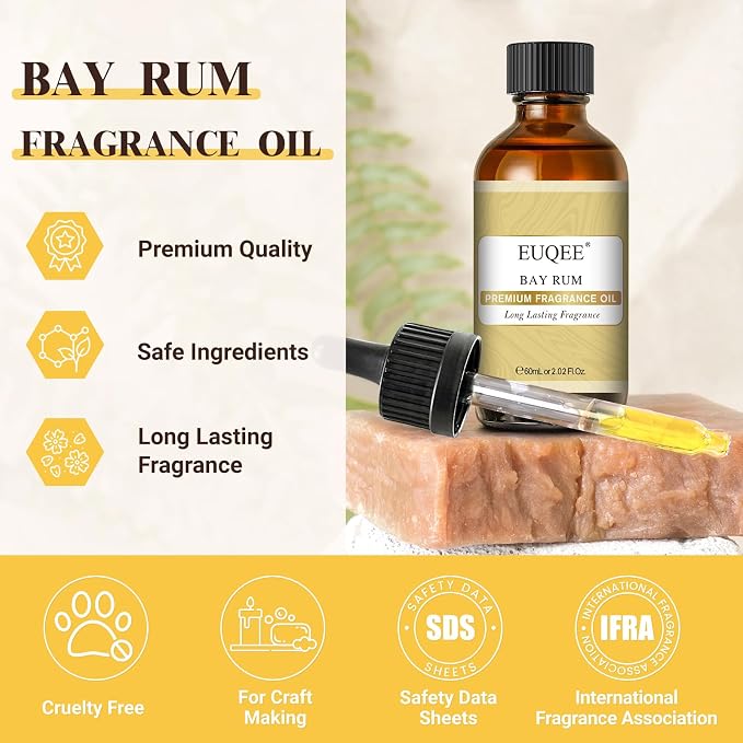 EUQEE Bay Rum Fragrance Oil with Glass Dropper, Essential Oils for Candle & Soap Making, Diffusers, DIY Bath Bombs (2.02 Fl oz/60 ml)