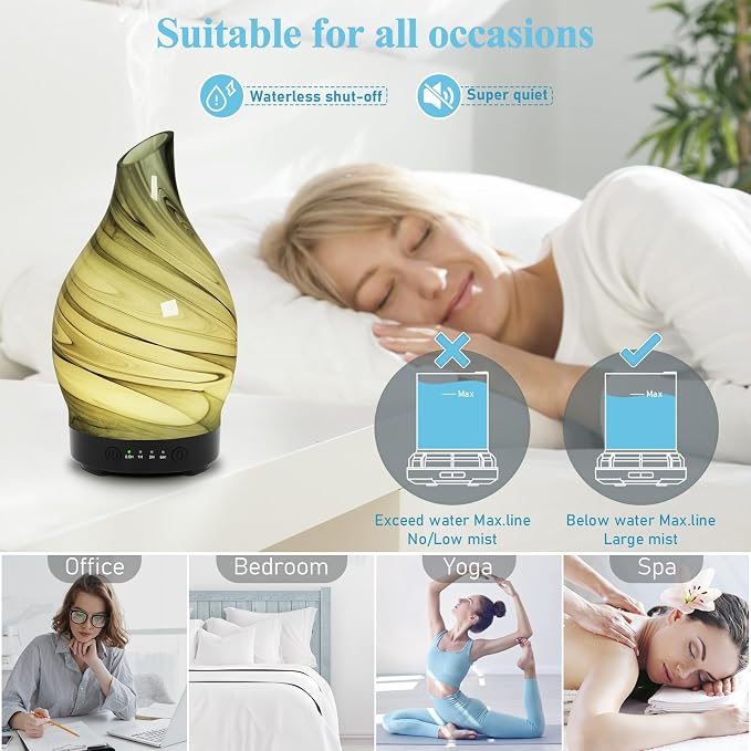 Essential Oil Diffuser 150ML, Glass Aromatherapy Diffuser with 4 Timer Settings & 7 Color Changing, Waterless Auto Shut-Off, Ultra Quiet Oil Diffuser, Mothers Day for Home, Office, Yoga, Spa