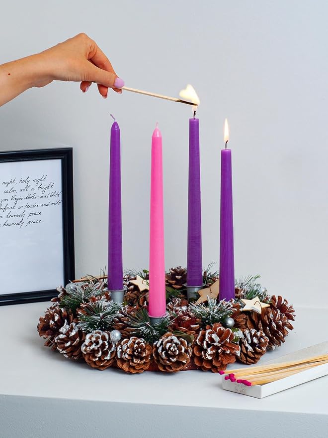 CANDWAX 10 Inch Advent Taper Candles Set of 4 - Long Burning Dripless Unscented Tapers - Perfect for Advent Wreaths, Christmas Décor - 3 Purple Tapers, 1 Pink Tapered Candle
