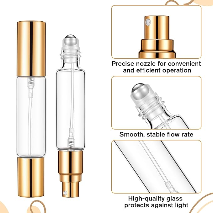 4-Pack Double-Ended Travel Perfume Bottles, 10ml Glass Roll-on & Spray Atomizer Leakproof Kit, Refillable Essential Oil Applicator with Funnel & Dropper for Fragrance, Skincare Serums