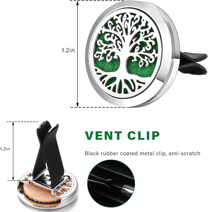 2 PCS 30mm Car Diffuser Vent Clips, Tree of Life Aromatherapy Essential Oil Diffuser Car Clip with 12 Felt Pads, Removable Stainless Steel Air Freshener Lockets for Women Men (Silver)