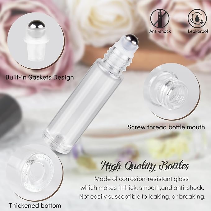 10ml roller bottles for essential oils, 24 Pack Clear Roll on Bottles, Thick Glass Roller Bottles for Oils, with Stainless Steel Roller Balls, 2 Droppers