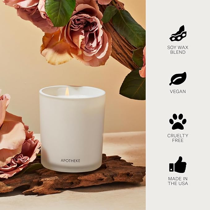 Apotheke Signature Scented Candles for Home, Santal Rock Rose - 10.5 oz - Soy Wax, Non Toxic, Large Jar White - Luxury Candle Gifts for Women & Men - Sandalwood, Rose, Musk, and Leather