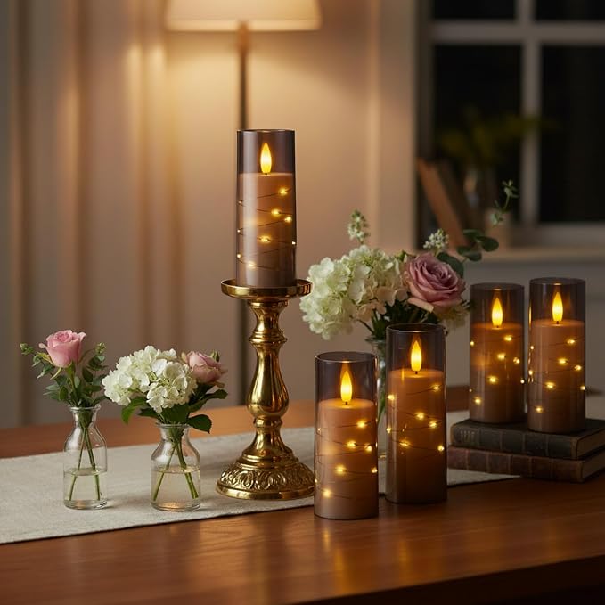 Raycare Flameless Candle with Remote Timer – 5 Flickering Acrylic Battery Operated LED Pillar Candles with Embedded Star String for Christmas, Home Decor, and as a Gift(Grey)