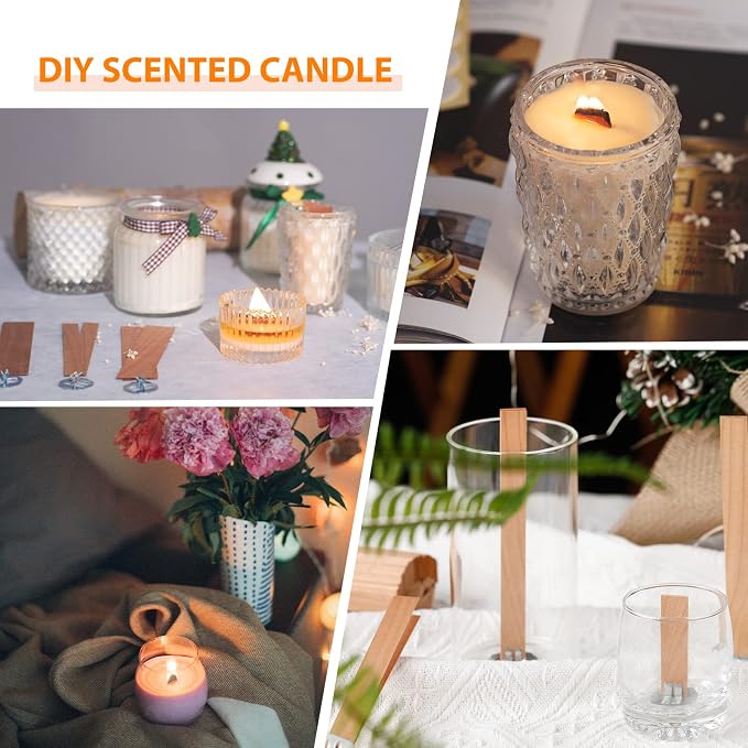 Smokeless Cherry Wood Candle Wicks Set, 100 PCS | Long Lasting Flame, Easily Burn, Candle Cores with Stand and Glue Dot, Warning Label for DIY Candle Making
