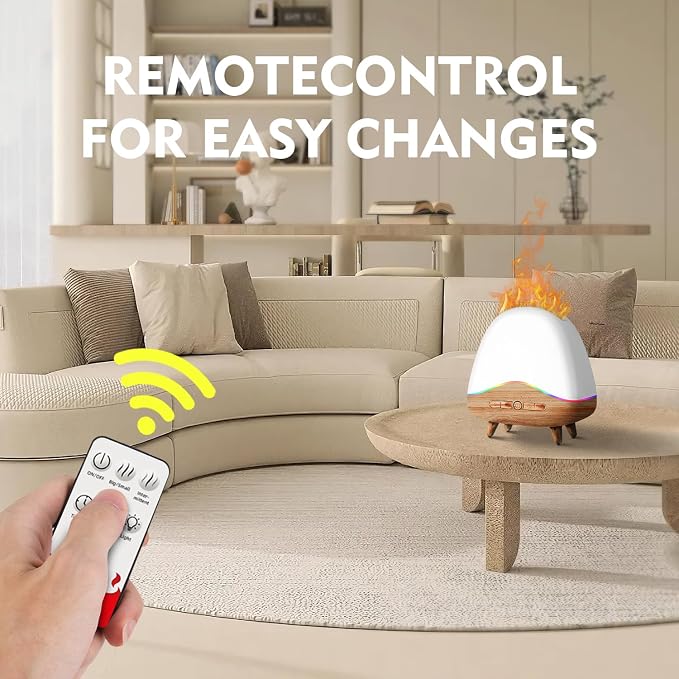 Night Light Essential Oil Diffuser with Flame, 300ML Ultrasonic Aroma Diffuser, 7 Color Lights with Remote Control, Cool Mist, Timed Mist, Auto Shut-Off for Home, Bedroom, Hotel, Office, Yoga (White)