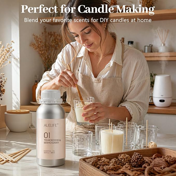 Auelife 16.9oz (500 ml) Teakwood & Mahogany Essential Oils for Diffusers for Home, Large Aluminum Bottle Fragrance Oil for Candle & Soap Making, Aromatherapy Oil for DIY Scents & Home Fragrance