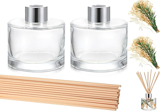 Rtteri 2 Reed Diffuser Sets Flower Oil Diffuser Sticks with Refill Empty 5oz Bottles Scent Glass for Fragrance Home Bathroom Gifts, Oil Not Included(White Color)