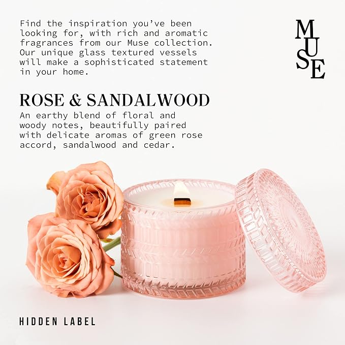 Hidden Label Rose Sandalwood Candle, 7.4oz Wood Wick, Pink Jar | 55H Burn | Crackling Wood Wick | Non-Toxic Soy Wax | Romantic Pink Decor & Gift