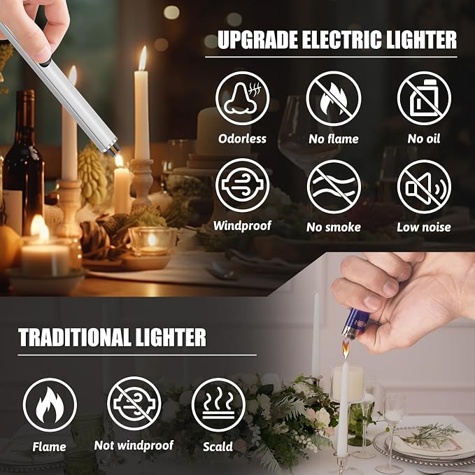 2 Pack Electric Candle Lighters, USB Rechargeable Lighter with Windproof Flameless & Extended Handle, Suitable for Candles, BBQ, Camping, Gas Stove, Festivals Gift (Sliver, 2 Packs-B)