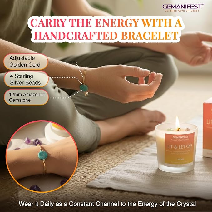 Lit and Let Go Manifestation Candle Lemon Scented Soy Crystal Candles with Amazonite Bracelet Letting Go New Beginnings Gifts Grief Divorce Gifts for Men Women