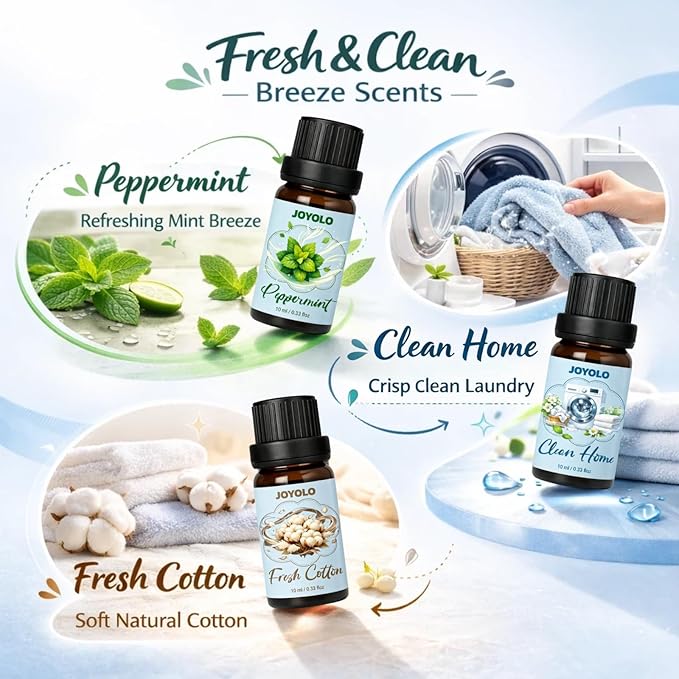 Essential Oil Diffuser & Essential Oils Set, Glass Aromatherapy Diffuser with 7 LED Colors, 6 Oils Gift Pack (Clean Home, Peppermint, Blossom Soapy, Soft Powder, Fresh Cotton, Fresh Linen)