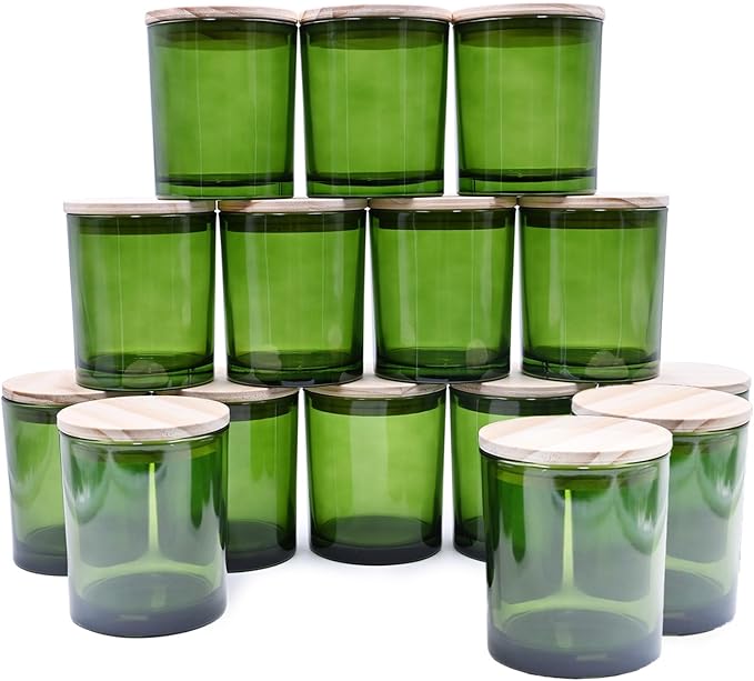 SHOWIN 10 OZ Thick Candle Jars for Making Candles 15 Pcs, Empty Jars with Wood Lids for Candle Making, Sample Container, Clear Green