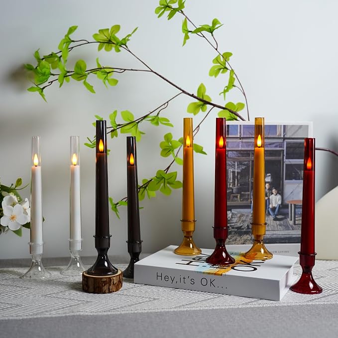 Lezonic Flameless Windows Candles Battery Operated with Timer Remote, 6Pcs Grey Acrylic Flameless Candlesticks with Holders, LED Taper Candles Flickering for Halloween Christmas, 0.8 x 8 inches