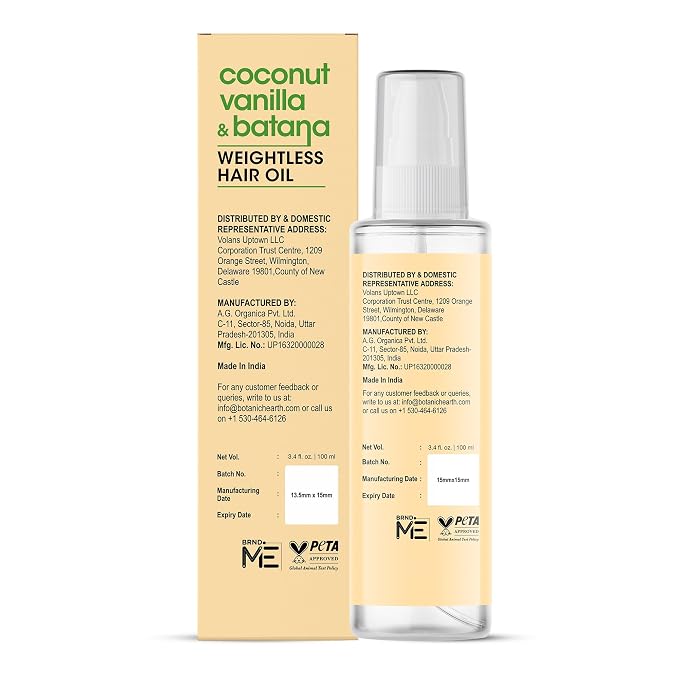 Botanic Hearth Coconut Vanilla & Batana Weightless Hair Oil, 3.4 fl oz |With Batana Oil, Coconut Oil & Vanilla | Lightweight Non-Greasy Formula | Smooth, Silky Hair & Shine | For Thin, Fine & Dry Hair