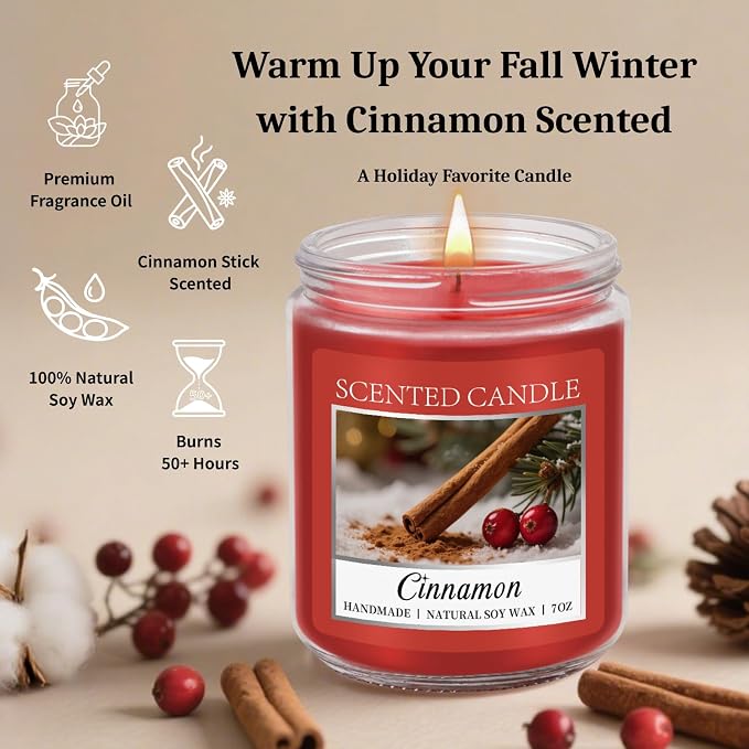 Homsolver Cozy Cinnamon Candle Scented Strong, Christmas Candles Cinnamon Stick Apple Scented with 50+ Hours of Burn Time, Fall & Winter Christmas Candles Gifts & Hoilday Home Décor