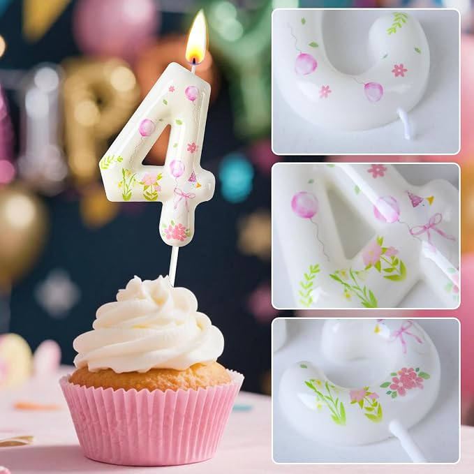 Number 4 Birthday Candle for Cake – Goose Inspired Design with Floral, Balloon & Leaf Details – Farm Theme Cake Topper for Birthday Party Decoration