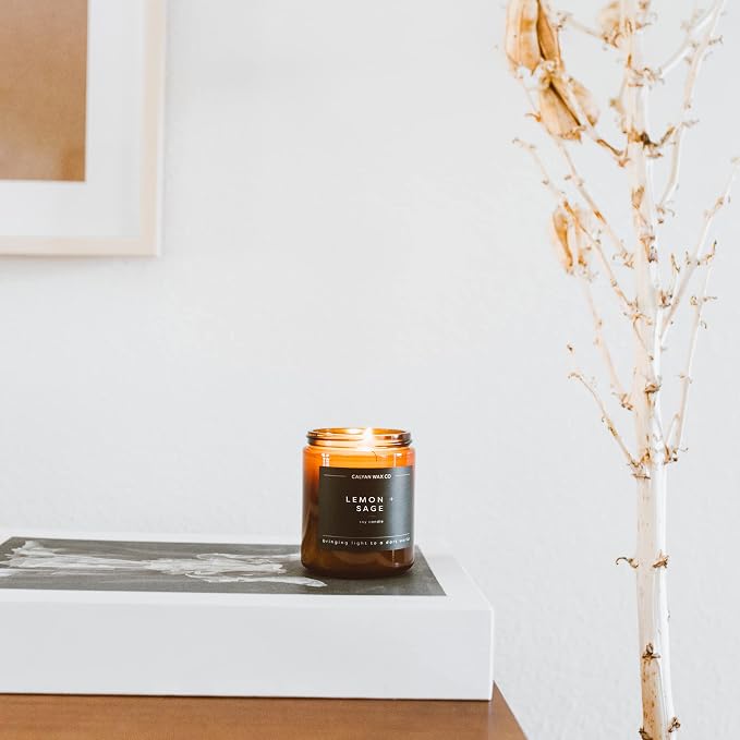 Calyan Wax Co. Lemon & Sage Scented Candle - 57 Hour Burn - Luxury Clean Soy Wax Candles - Long Lasting Amber Glass Jar Candle for Home - 7.2oz
