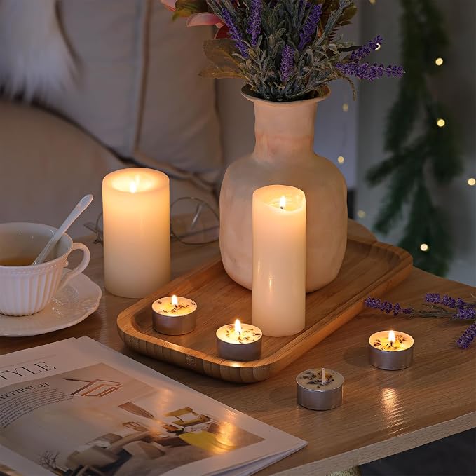 16 Pcs Lavender Scented Tealight Candles, 6H Long Burning - 100% Palm Wax Based Scented Tea Lights with Dried Flowers, Non-Toxic/Smokeless Scented Tea Lights Candles for Spa, Bath, Wedding