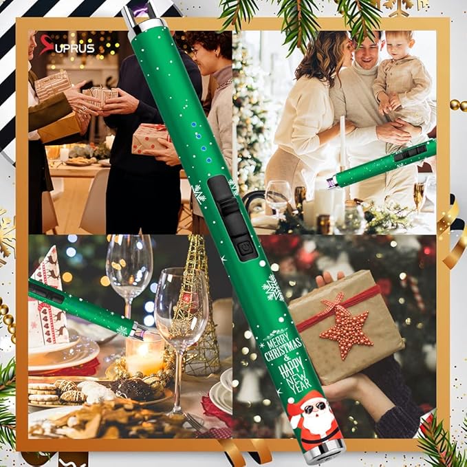 SUPRUS Electric Candle Lighter USB Lighter with Upgraded LED Battery Display Safety Switch Rechargeable Flameless Plasma Windproof Pocket Size for Candle Cooking BBQs Fireworks (Christmas Green)