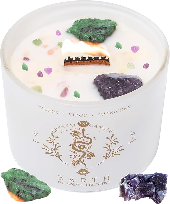 Taurus Virgo Capricorn Gifts for Women - 12oz Wood Wick Candles that Crackle with Crystals and Healing Stones. Healing Crystal Candles for Women Home Scented. Soy Wax, for Zodiac Birthdate