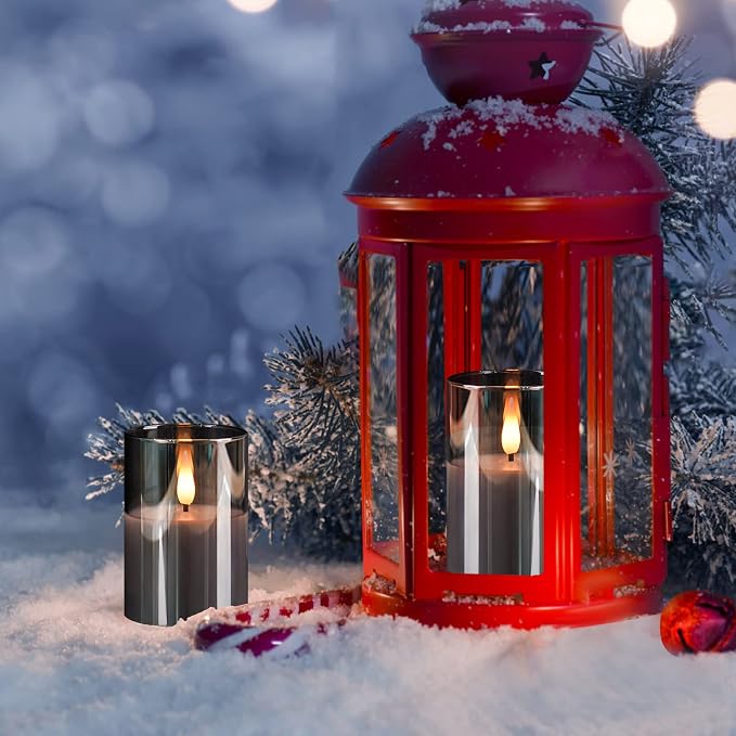 VIODAIM 6Pack Glass Flickering Flameless Candles with Remote, 2"X3" Real Wax Votive Candles Battery Operated, Small Electric LED Candles for Wedding Home Decor, w/4 Timers+2 Lighting Modes [Gray]
