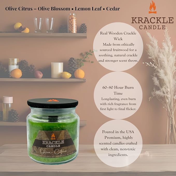 Krackle Candle | Olive Citrus | 16 oz Scented Candle with Natural Crackling Wooden Wick | Poured in the USA | Olive Blossom, Lemon Leaf & Cedar Fragrance