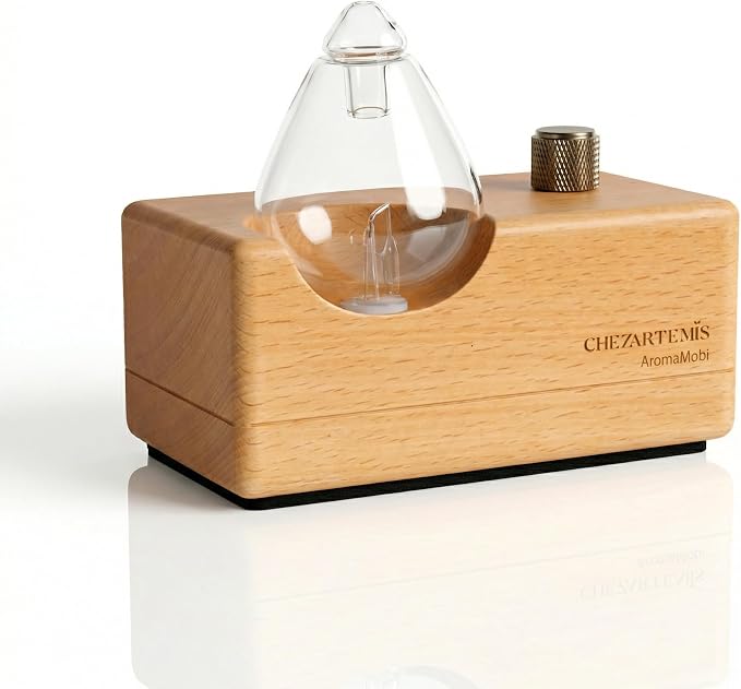 Waterdrop Glass Essential Oil Diffuser with Handmade Wood Base for Aromatherapy, Waterless Scent Diffuser for Yoga Home Office, Portable & Cordless Oil Nebulizer with LED & Timer, Gift of Fragrance