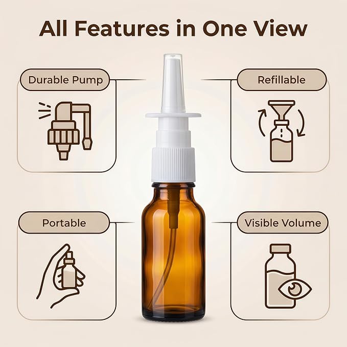30ml 6PCS /1 Ounce Amber Glass Empty Nasal Sprayers Bottle