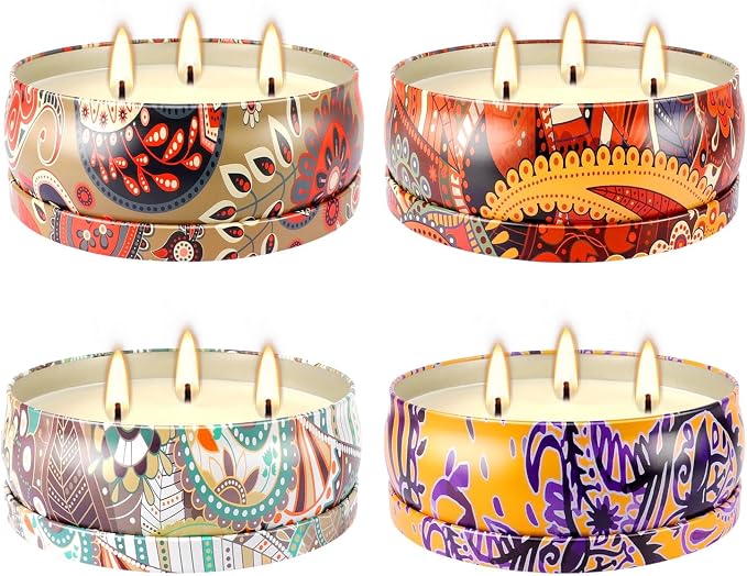 Set of 4 Large 13.5 oz Scented Citronella Candles Outdoor, Natural Soy Wax Floral Tin Candles with Cotton Wicks, Smokeless & Dripless for Patio Garden Camping, Summer Housewarming Gift