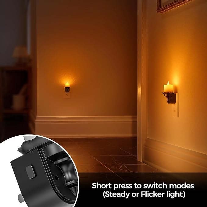 Briignite Candle Night Light, Amber Night Lights Plug into Wall 2 Pack, LED Flicker Candle Night Light with Light Sensor, 0-100LM Dimmable Nightlight for Kids Hallway Bathroom